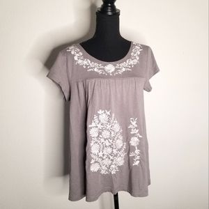 Garnet Hill cotton modal knit embroidered gray peasant top Cottagecore M